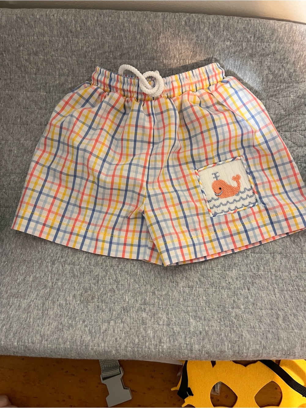 Kids Plaid Swim Trunks with Orange Whale Patch - White/Multi